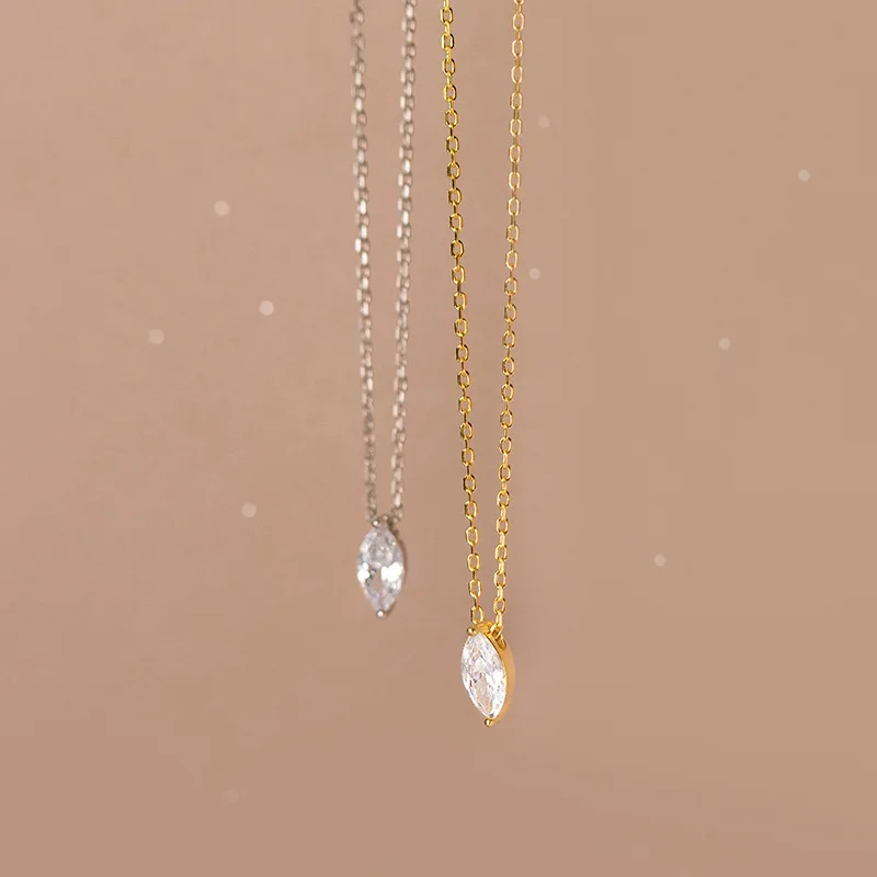 Wholesale Fashion Minimalist Jewelry 925 Sterling Silver Marquise Eye Oval Shaped Diamond Zircon Gold Plated Necklaces Women
