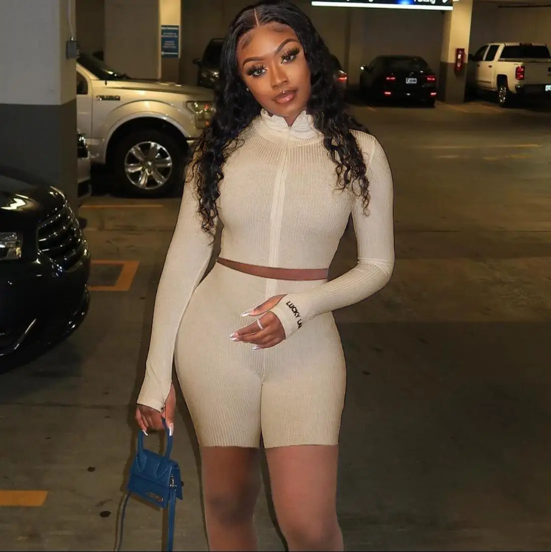 

s819a New arrival hot sale solid color club women suits High collar thread embroidered letter zipper slim two-piece set, 5 colors