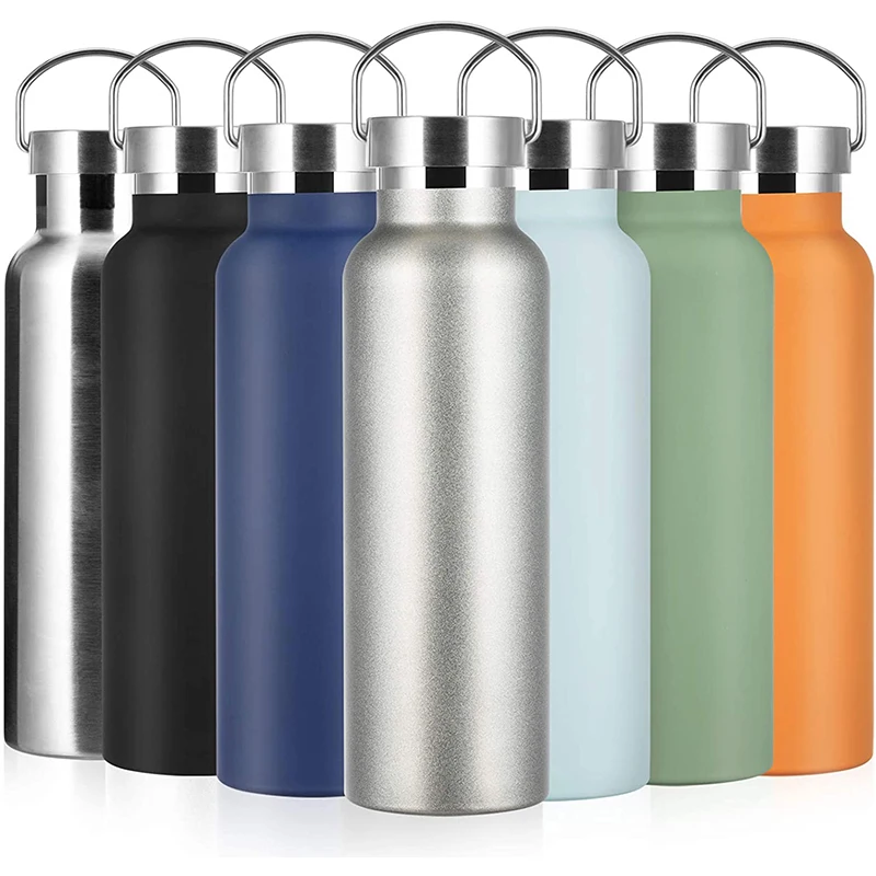 

20 oz Middle Mouth Stainless Steel Double Walled Vacuum Flask Thermal Insulated Sport Water Bottles With Handle Lid, Steel white green blue black or customized colors