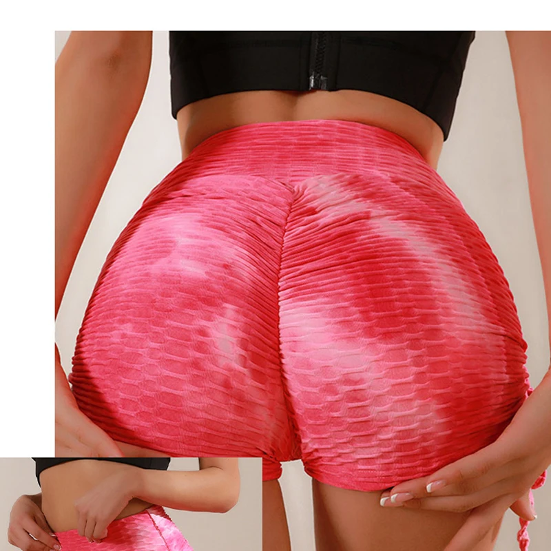 

yoga sports shorts women's jacquard solid color pants Three-point Tight Leggings Bow drawstring bubble pants