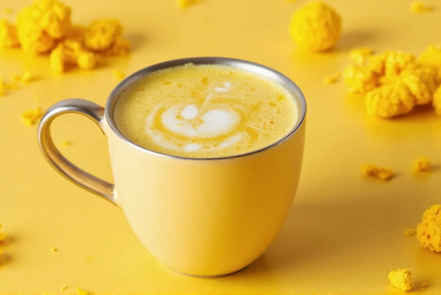 Turmeric latte lush served in ceramic mug with spices arranged artistically around it