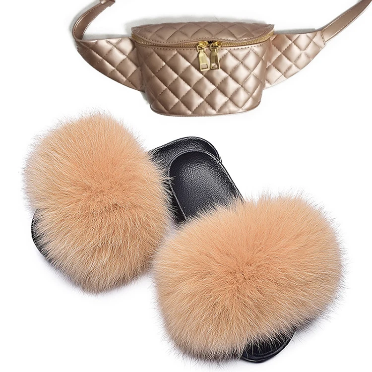 

Eva Sole Slippers And Matching Purse Colorful FOX Fur Slippers And Waist Bag Set, Customized color
