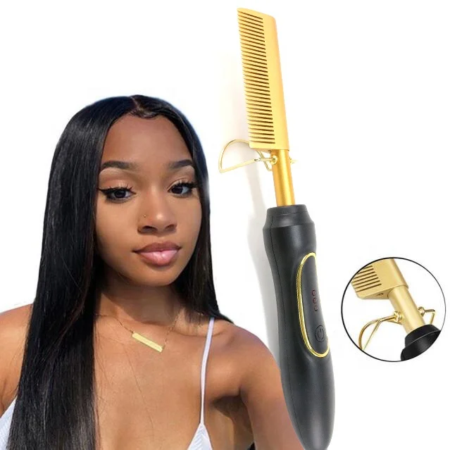 

Wholesale custom private label copper hot comb electric ,AliExpress hot sale high temperature hair straightener for curly hair, Black and gold