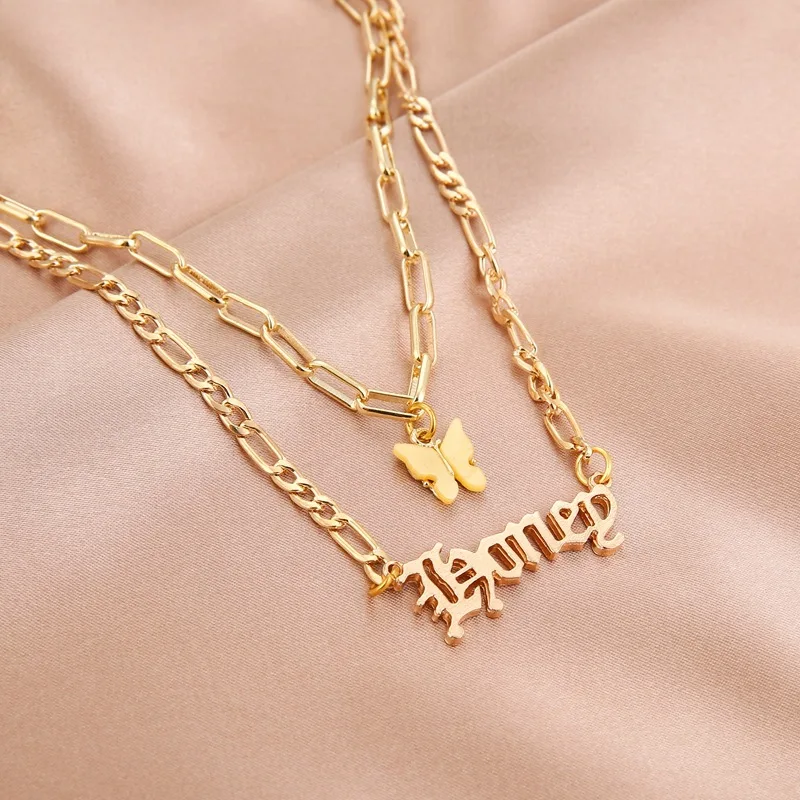 

Hot Selling Angel Double Layer Choker Babygirl Necklace Alloy Pink Butterfly Baby Girl Necklace