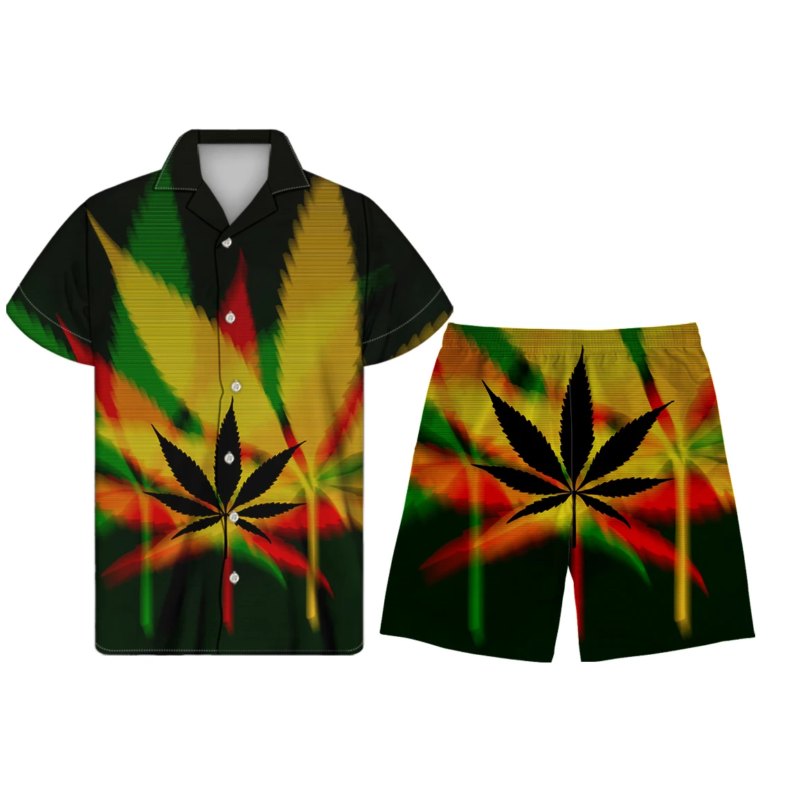 

Jamaica Rasta Reggae Maple Leaf Pattern Men Shirts Short Sleeve Plus Size T-shirts Men Stylish Shirt and Beach Pants Set for Men, Customized color