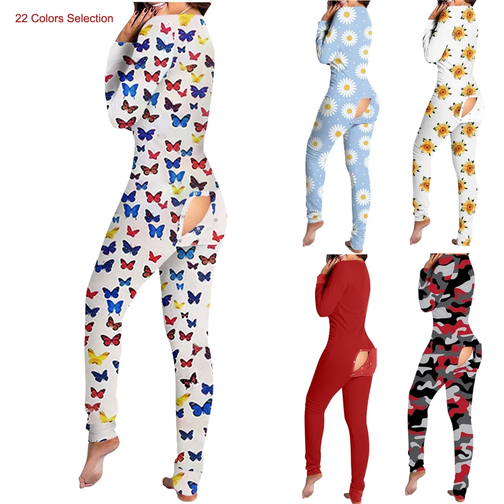 

2021 Wholesale #22 Colors One Piece Pajama With Butt Flap Adults Onsies Long Sleeve Bodysuit Nightwear Onesie With Butt Flap, As picture