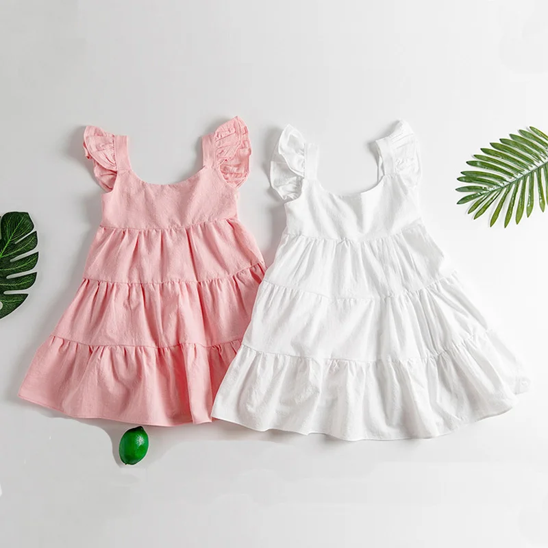 

2021 sleeveless solid color A line cascading ruffled dresses for girls summer clothes best sellers kids dresses, As pictures