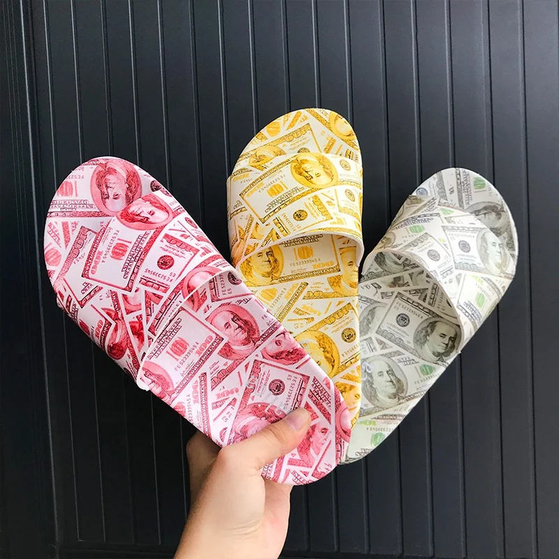 

Hot Sale Summer Fashion Beach Casual Lightweight Creative Non-Slip Dollar Print Flat Shoes Men Women Slippers Chaussons, 3 colors