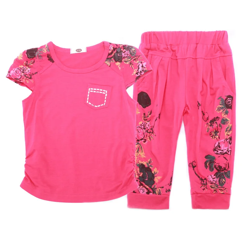 

Children Wear Girls Wear 2021 New Short Sleeve Middle School Kid Summer Style Western Children Leisure Sports Suit, Black, light blue and plum