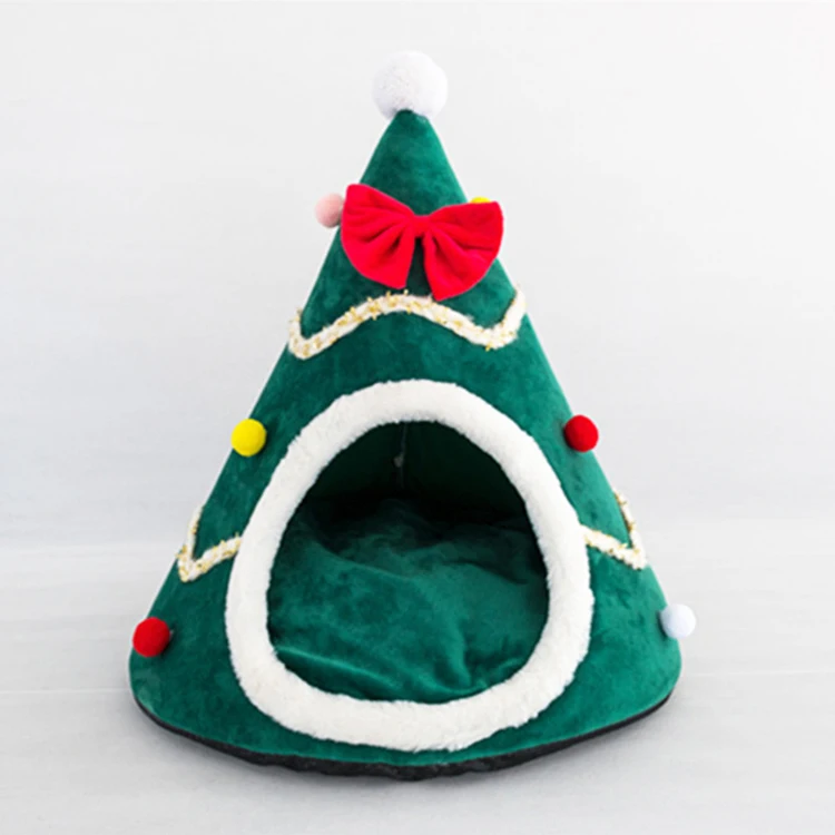 

New design warm soft plush pet supplies cat nest bed Christmas tree dog kitty house, Green, red