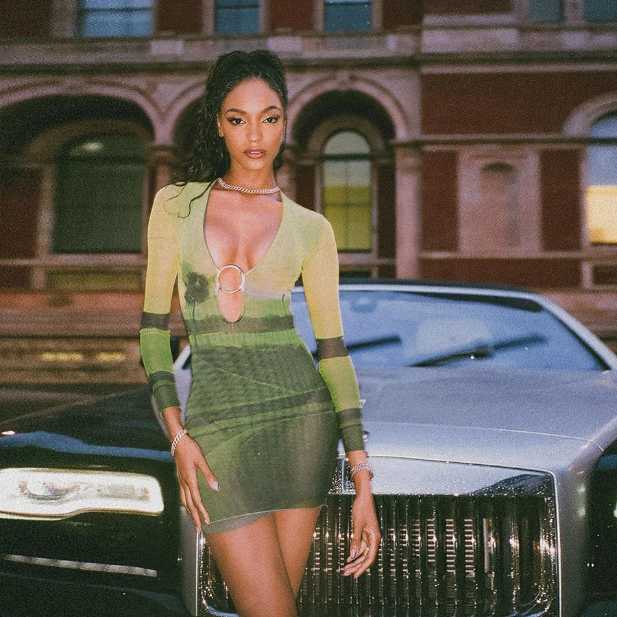 

Nibber K21D03445 New Arrival Painting Printed Full Sleeve Deep V-neck Streetwear Club Party Outfits Lady Mini Dress Women Dress, Green