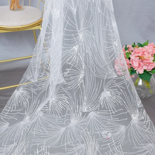 

X165 2021 Newest Luxury Mesh Elastic Colored Muslin Turkey Sequin Lace Fabric Wedding Dress Material Stretch Polyester Fabric