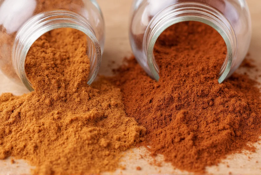 Close-up comparison of fresh vibrant ground cinnamon versus faded old cinnamon in spice jars