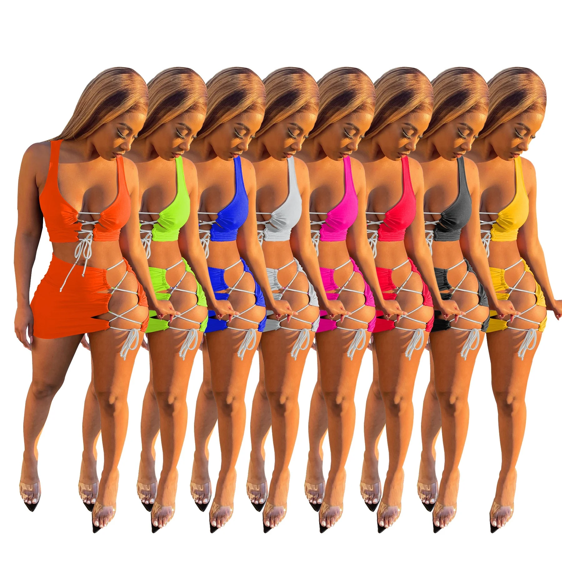 

2021 womens clothing string simple two piece short bodycon dress sets, Shown