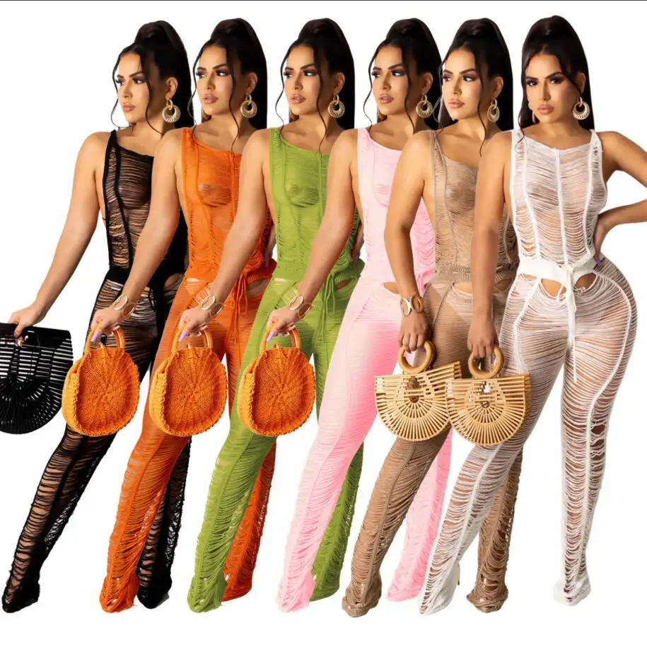 

new women's clothing solid color knit Hollow Out see through sexy jumpsuit swimwear beachwear 2021