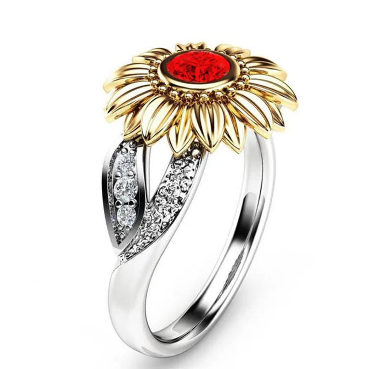 

2022 Fashion Jewelry Femme Gold Silver Color Cute Sunflower Crystal Wedding Rings for Women