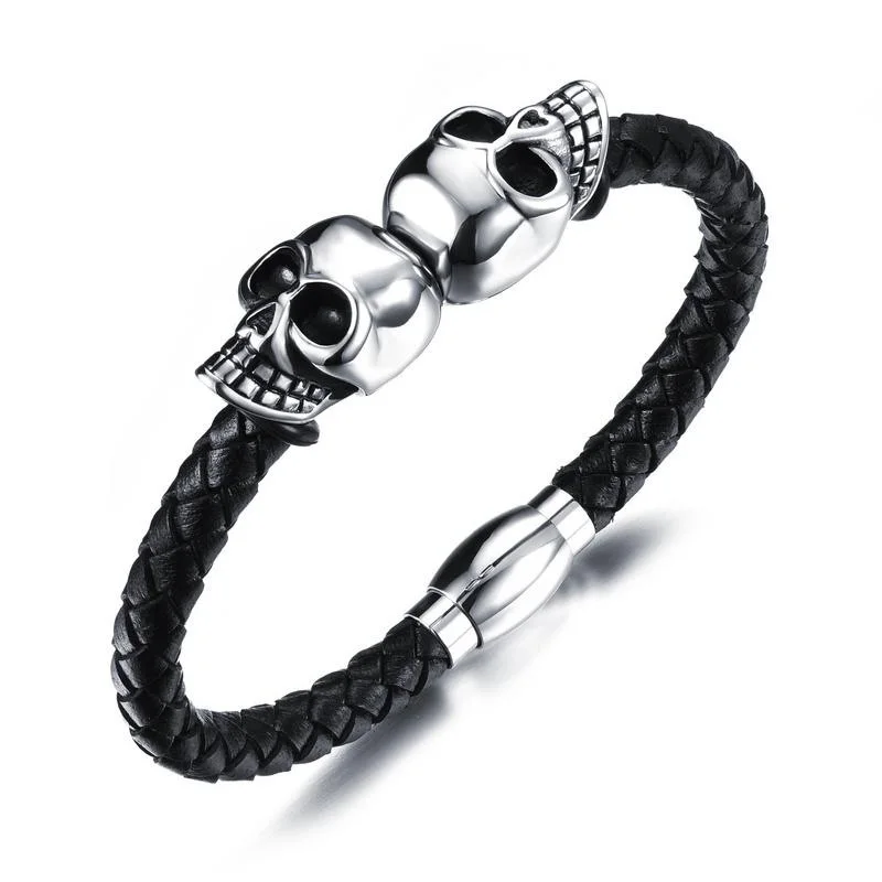 

Wholesale Stainless Steel Biker Jewelry Personalised Leather Skull Bracelet Man, Black, silver