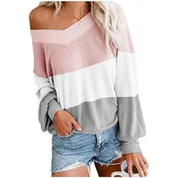 

2019 New Fancy Ladies Clothes V Neck Long Sleeve Waffle Knit Top Off Shoulder Pullover Top Women