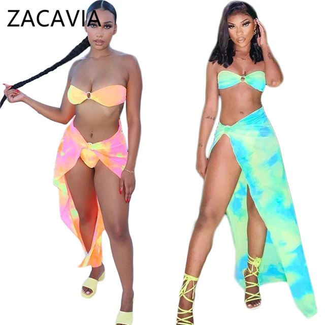 

Zacavia 2021 Women's Summer Tie-Dye Printed Beach Swimsuit Sexy Strapless Top and Long Skirt Bikini Set, Picture showed