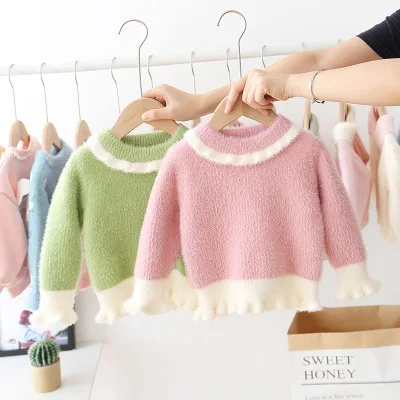 

B51701A Wholesale little girl fashion new style warm soft sweater, Beige/green/pink