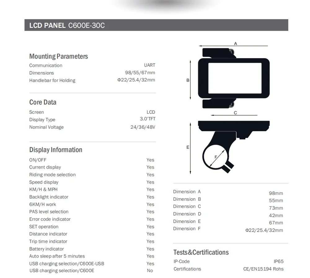 Écran LCD Pour Vélo Électrique 24V/36V/48V - Connecteur 5 Broches Étanche IP65 - Compatible Contrôleur O2OMD