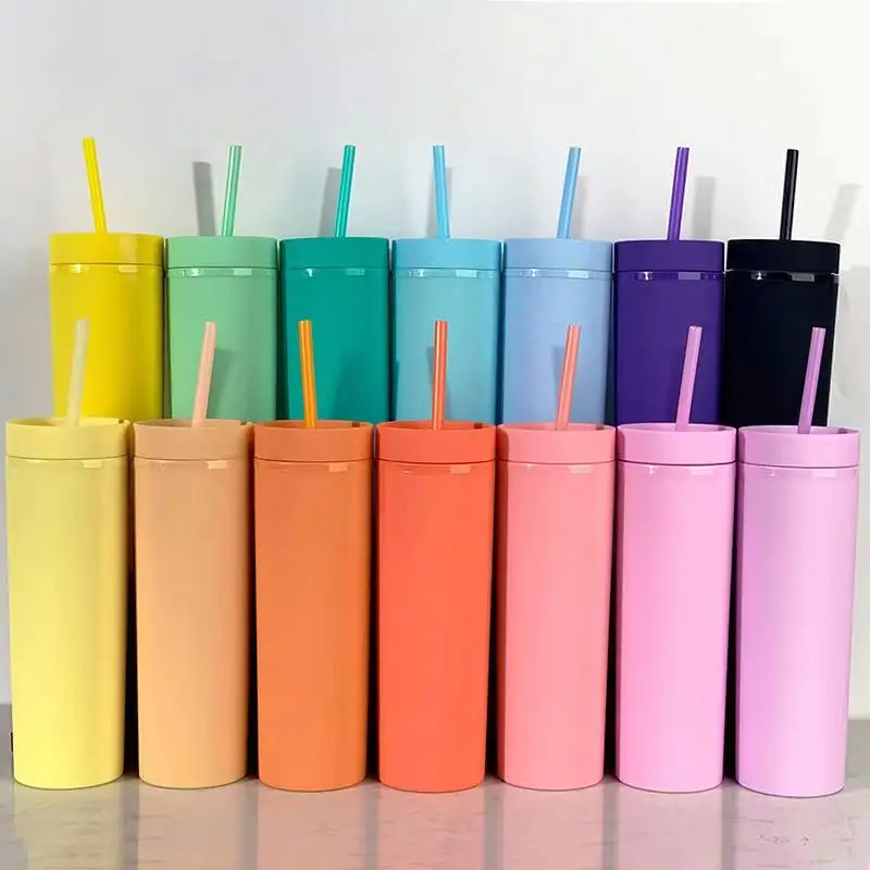 

16oz matte Tumbler Double Wall Acrylic Tea Coffee mug Skinny plastic Tumbler Cups With slide Lid And Straw, Yellow, green, black, orange, pink,