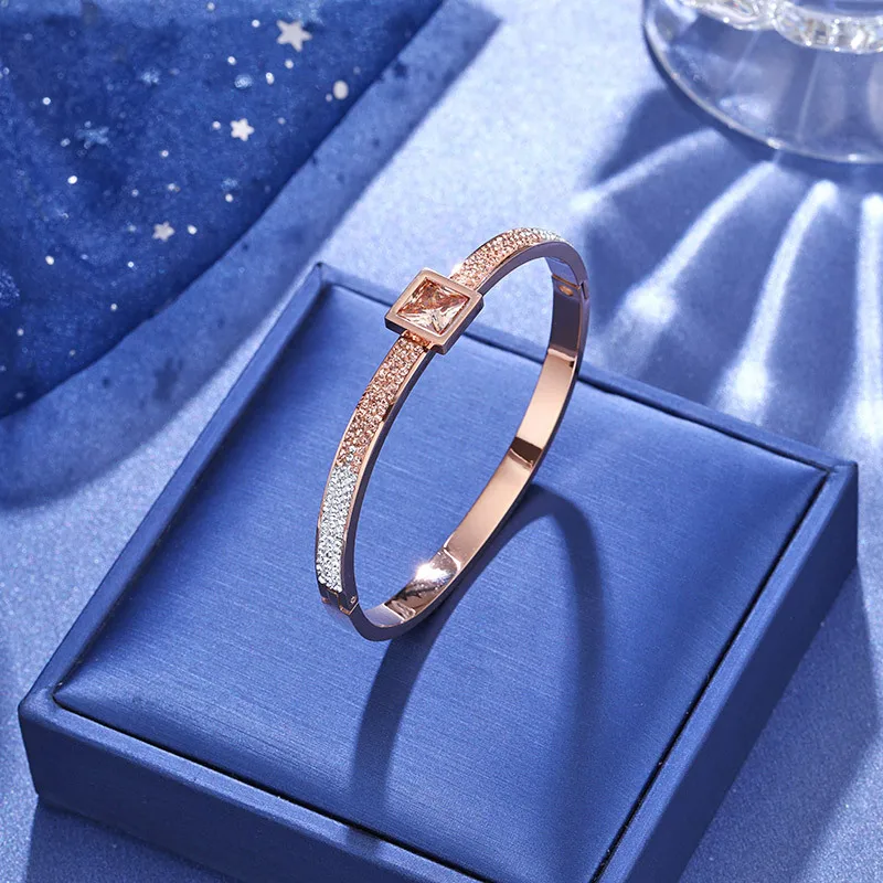 

Simple woman titanium steel bracelet luxury gradient champagne color diamond square zircon rose gold opening bracelet (SK824), As picture