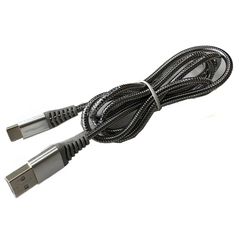 

New Arrival Type C USB Data Charging Cable Metal Spring Jacket 3A Fast Charging, Grey
