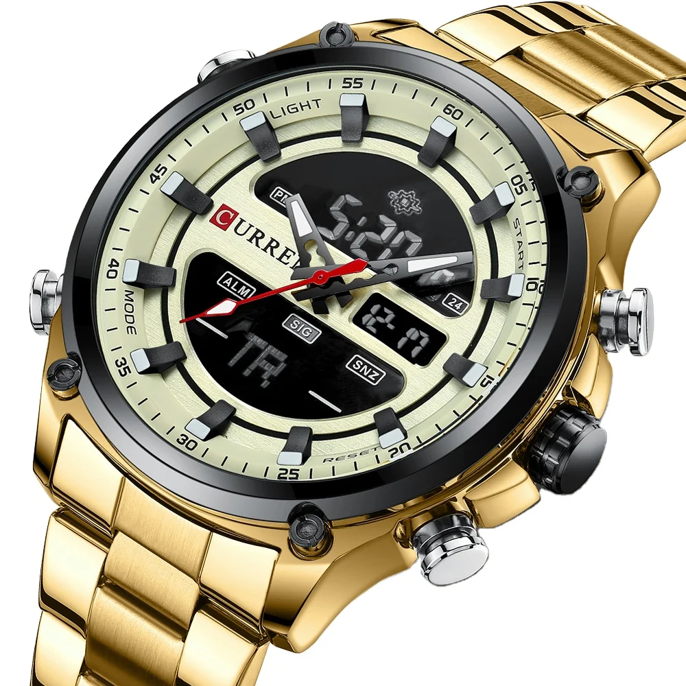 CURREN 8404 Digital Watch for Men Luxury Dual Display Man Wristwatches Waterproof Luminous Stainless Steel Quartz Watches Mens