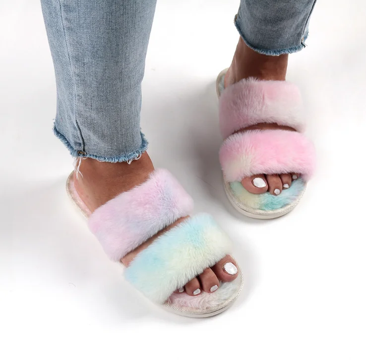 

Women's Fluffy tie dye colorful Lamb 2 Strap House Slide on Slippers Open Toe Outdoor, As per customer's request