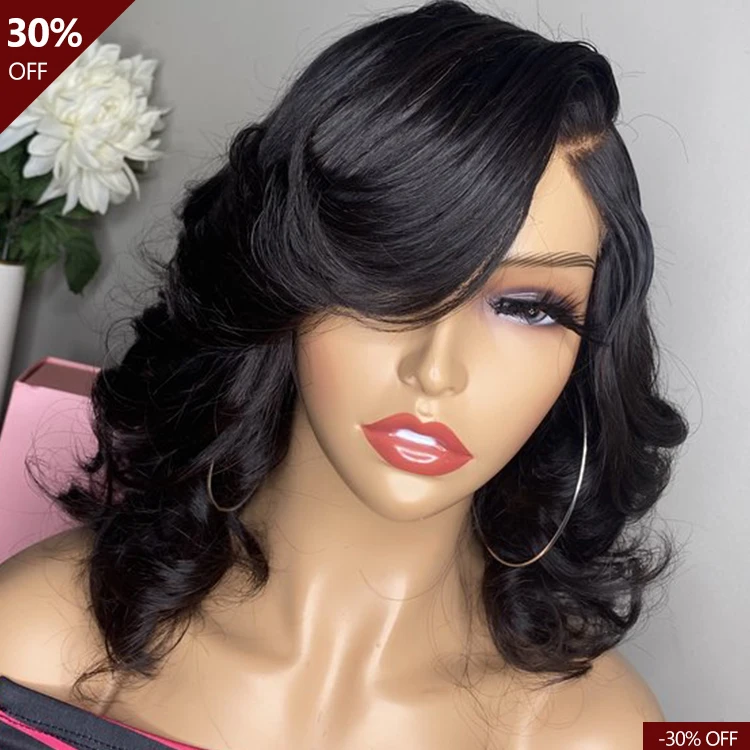 

Grade 12A human hair Raw Virgin Peruvian hd Transparent 13x4 Long Side Part Bob Body Wave lace wig