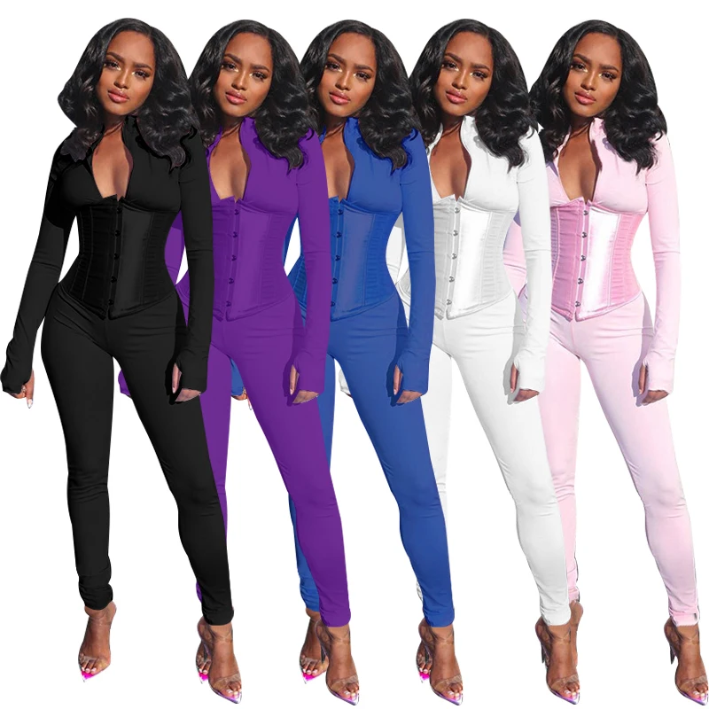 

2020 Wholesale Jumpsuit Women Sexy Black Buckle Straps Bodycon Long Sleeve Sexy Corset Jumpsuit Set, Multiple colors