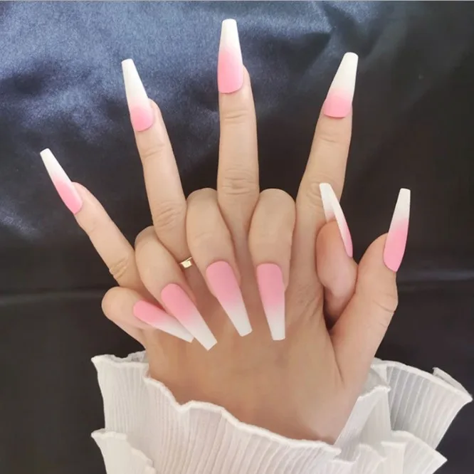 

New 24pcs/box Long Coffin Ballerina False Nails Press On FingerNails Gradient Pink ABS Artificial Designs Nail Tips Abs Manicure