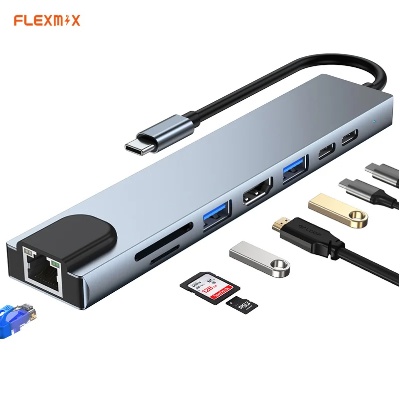 

8 In 1 Type-c 3.0 To 4K Hd-mi compatible Rj45 Ssd Tf Card Reader Pd Fast Chargefor Mac book Air Pro Pc Usb C Hub Docking Station
