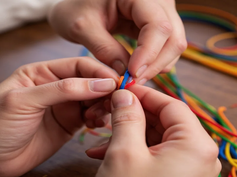 Close-up of hands weaving colorful rubber band bracelet on fingers