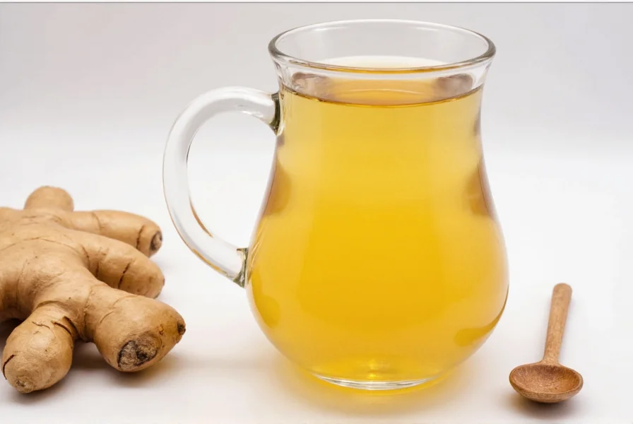 Close-up of fresh ginger root with measuring tape showing 1-inch section, natural wood background