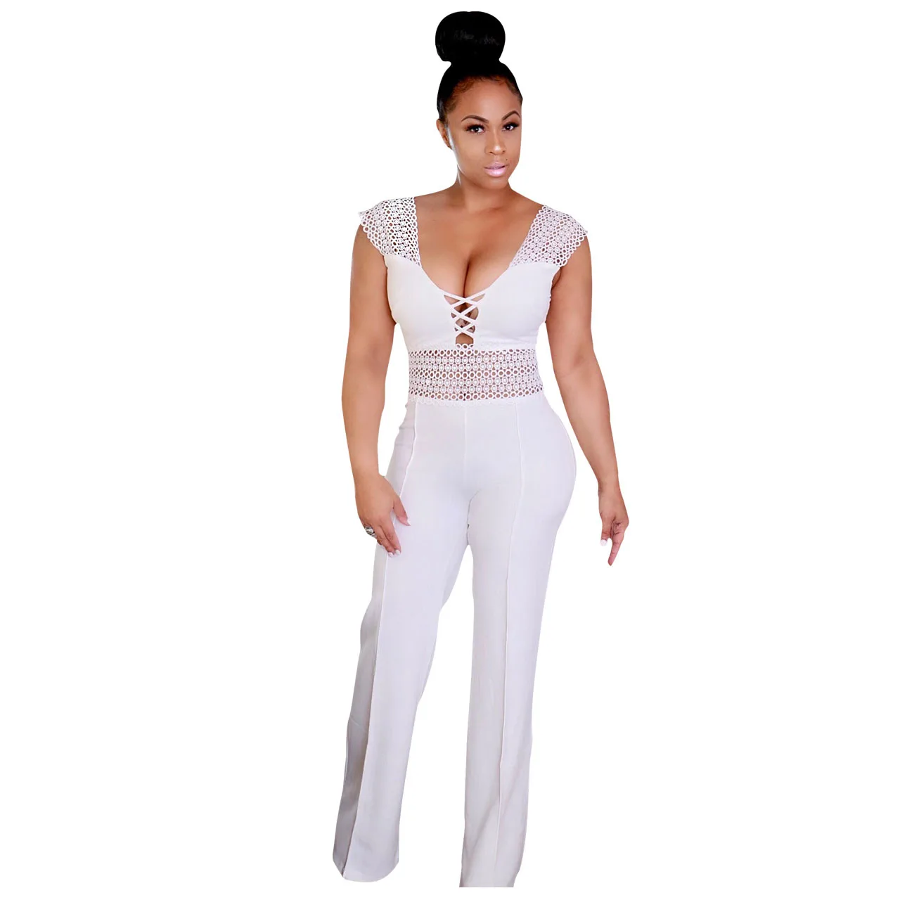 

Hot selling latest fashion women sleeveless lace sexy white jumpsuit