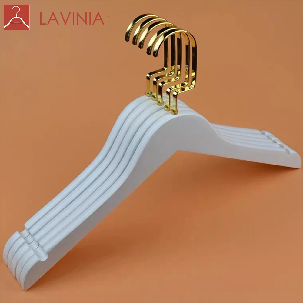 

Wholesale price Top quality customized logo gold flat hook percha wooden clothes hanger, White