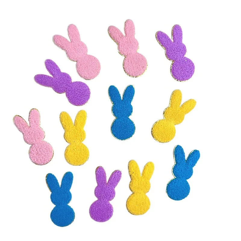 Easter Theme cute iron on gold edge chenille bunny Patch for Clothing Bag decoration