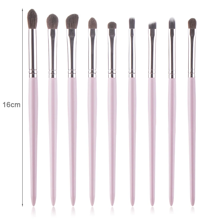 

Wholesale Private Label 9 Pcs Luxury Pony Hair Pink Wood Handle Blending Eyeshadow Brushes, Black white blue pink