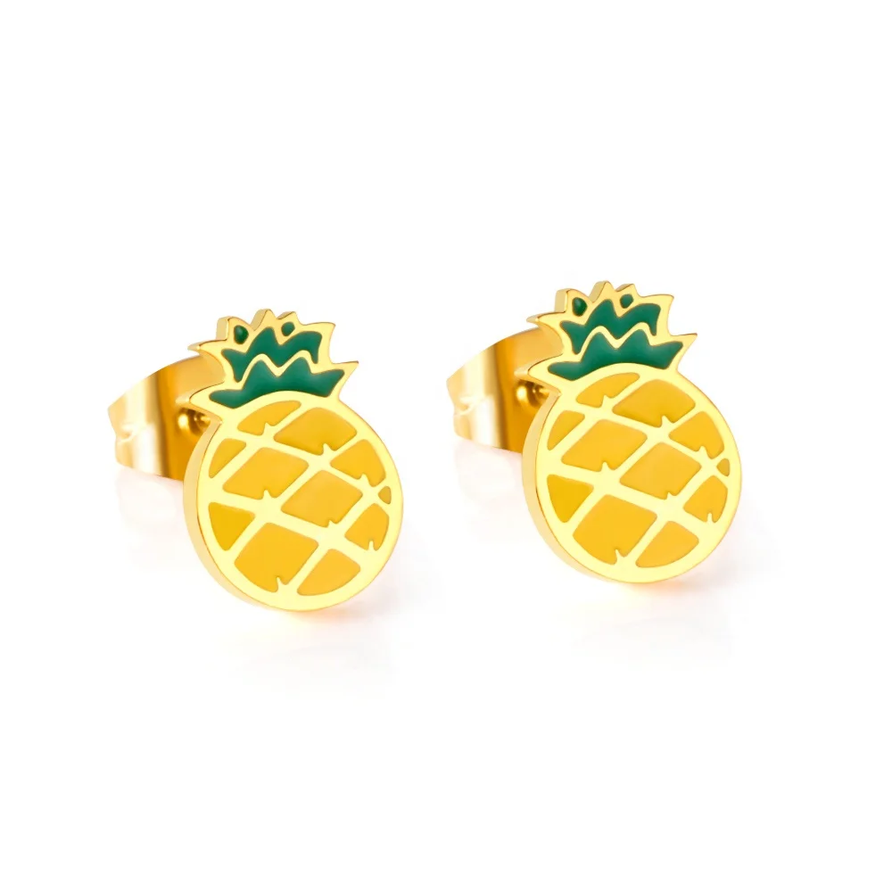 

New collections Stainless Steel Gold Plated Girls Children Kids Enamel Vegetable Bread Fruit Pineapple Earrings, Gold/silver available