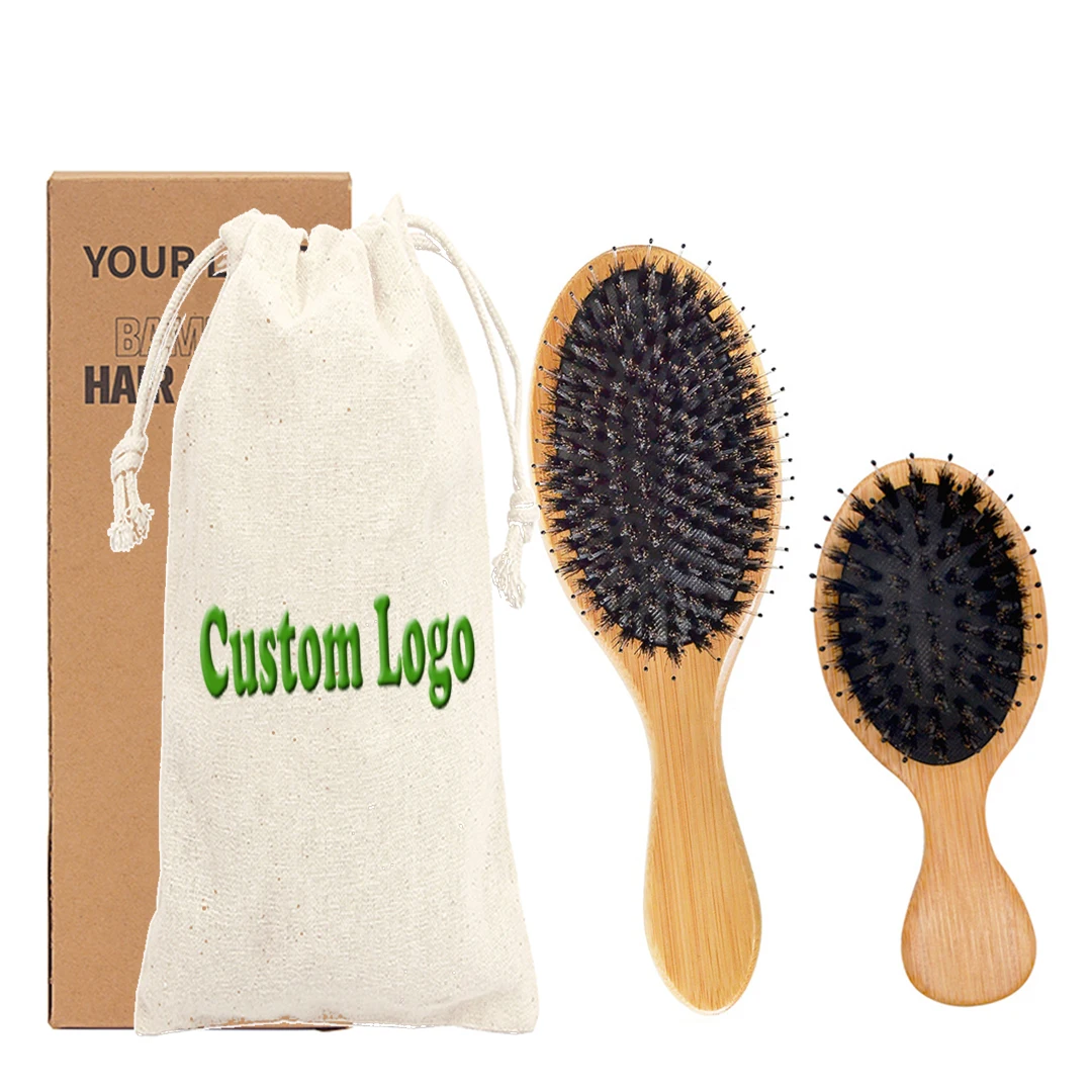 

2PACK Eco-friendly Long Handle Paddle Cushion And Mini Travel Size Boar Bristle Bamboo Hair Brush Custom Logo Hair Brush Set