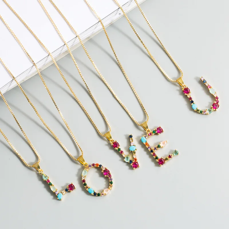 

XIXIA Wholesale Custom Fashion Jewelry Brass Colorful Zircon Diamond 26 Words Necklace Initial Letter Pendant Necklace For Women, Customized