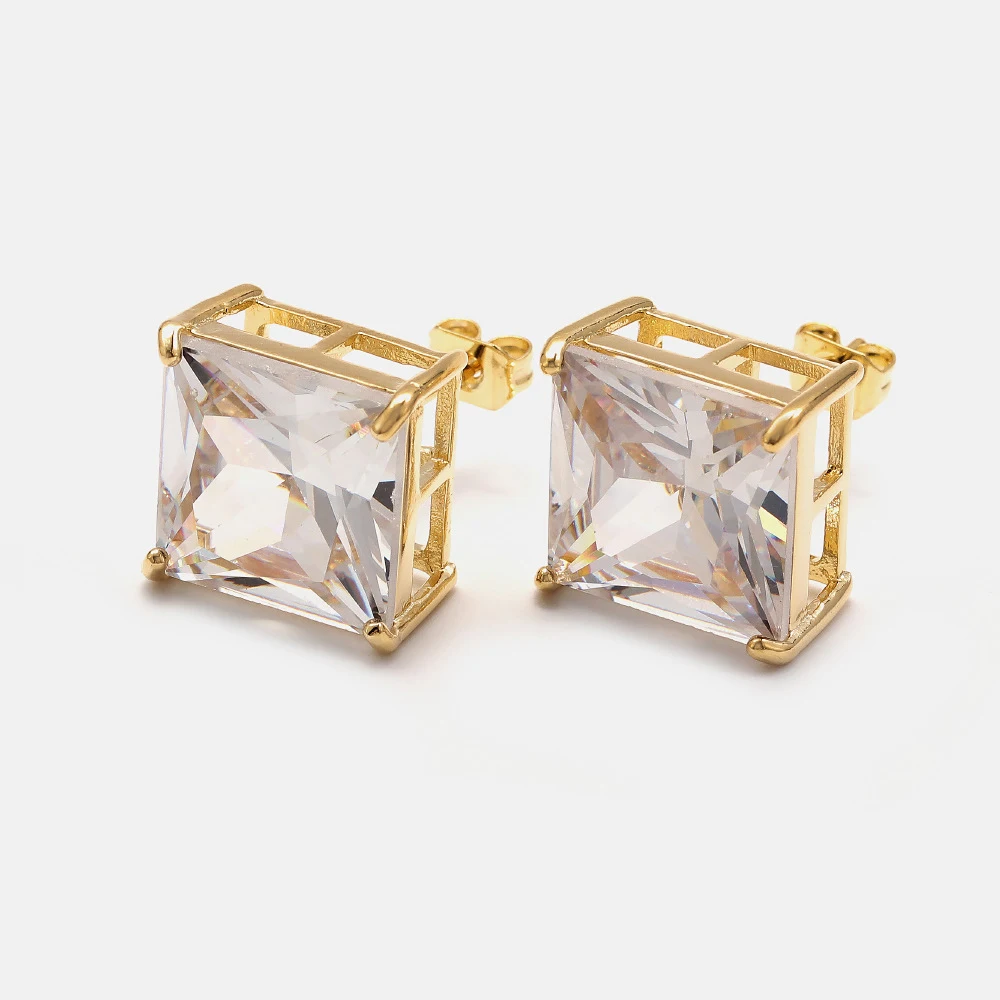 

IVIAPRO Simple stud earrings brass jewelry 18K gold plated white single stone from 3mm to10mm square stud earrings
