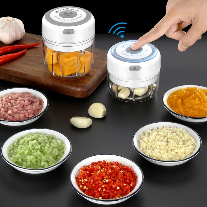 

Electric Mini Garlic Chopper Kitchen accessories wireless small electric garlic masher for Cutter Pepper Chili Vegetable meat, White blue pink