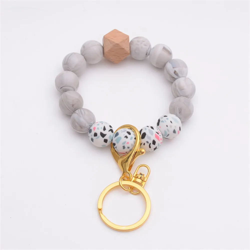 

Silicone Key Ring Bracelet Women Wood Beaded Bangle Keychain Wristlet Silicone Braccialetto, As picture show