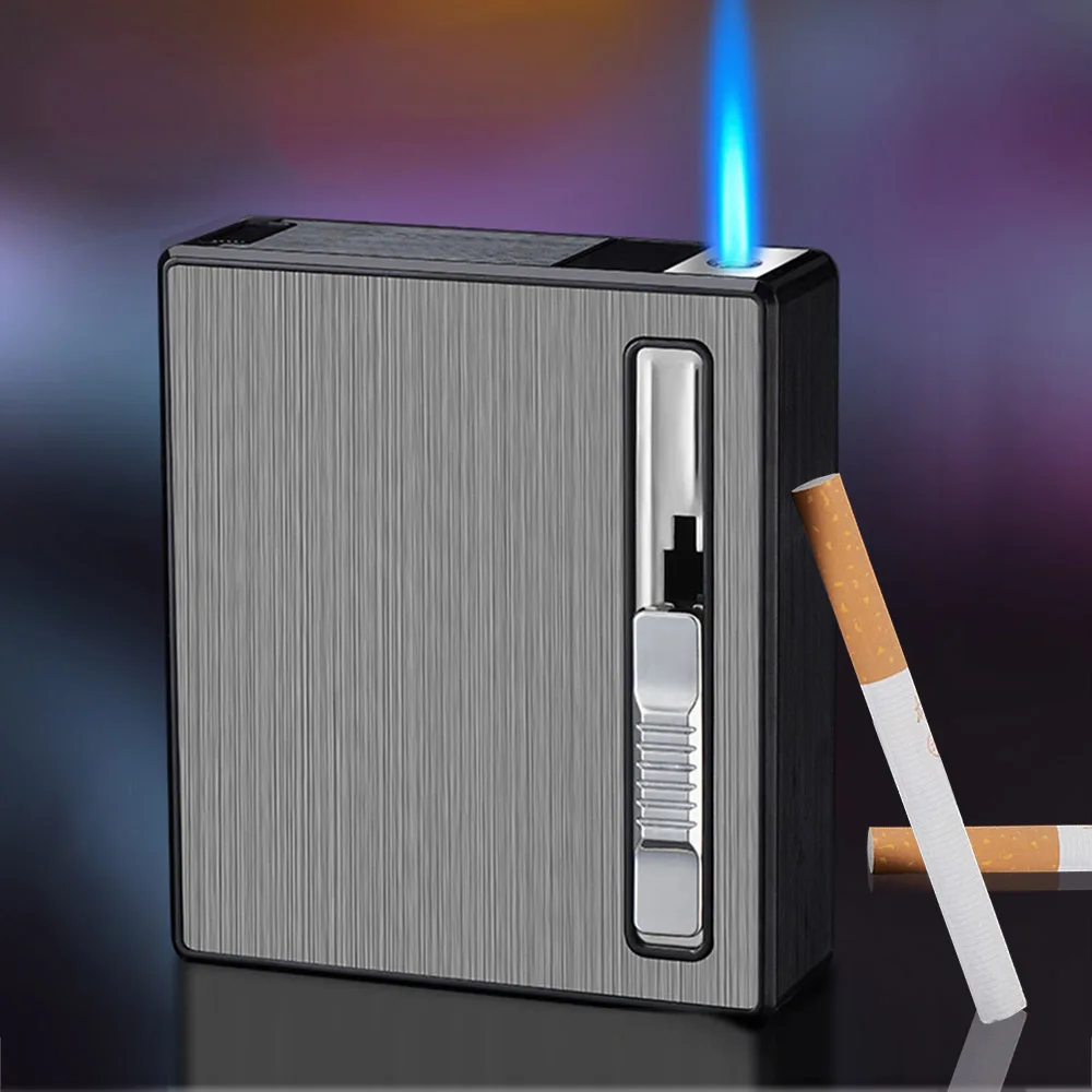 

Metal Cigarette Case With Gas Lighter Hold 20Pcs Cigarettes Windproof Direct Inflatable Flame Lighter Smoking Tools Men's Gifts