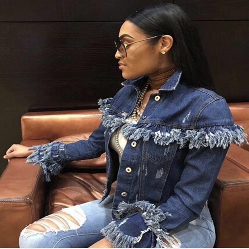 

Autumn Winter Women Tassel Denim Jacket 2021 boyfriend Wind Jean Jacket Loose Long Sleeve Female Coat Streetwear Female, Different colors and support to customized