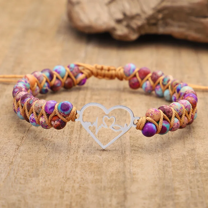 

2021 Bohemia Handmade Braid Turquoise Stone  Bracelets Stainless Steel Heart Shaped Pendant Bracelet For Gift, As picture