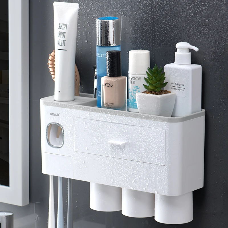 

Toothbrush Storage Rack Bathroom Non Perforating Gargle Cup Organizer Holder Wall Mounted Squeeze Toothpaste Magic Ware